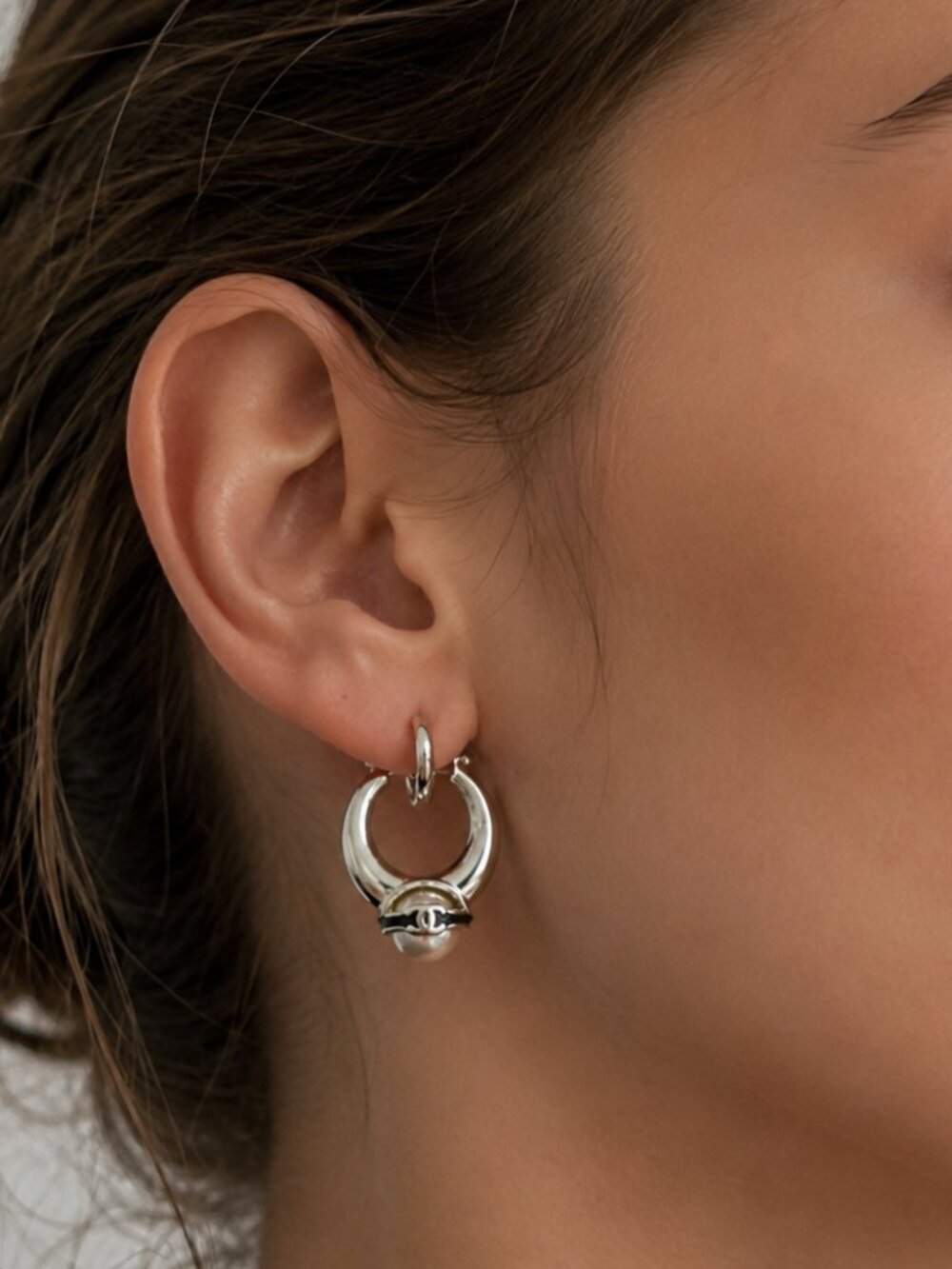 Silver Tone Hoop Earrings Pearl Accent Chunky Statement Designer Style